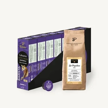 Balení kapslí Cafissimo Caffe Crema Guatemala, kávová kapsle a balení zrnkové kávy Rarität Las Orquídeas.